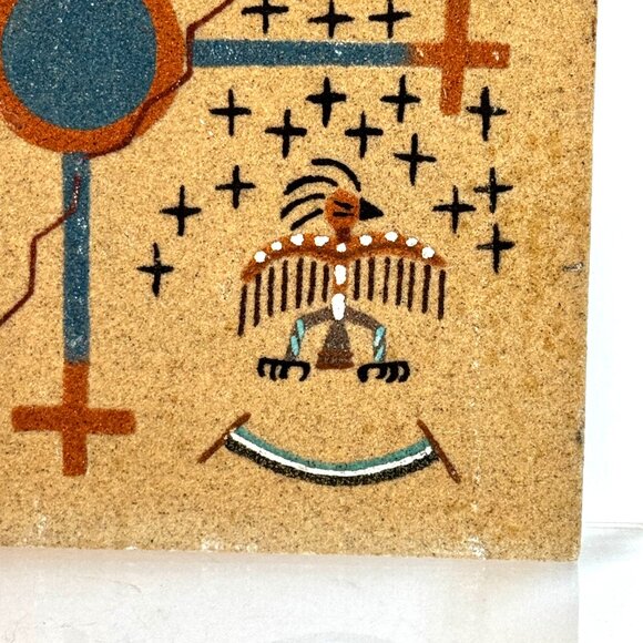 Navajo Indian Sand Art Creation Coyote Stealing Fire 8x8" Tile Todacheenie - Picture 4 of 9